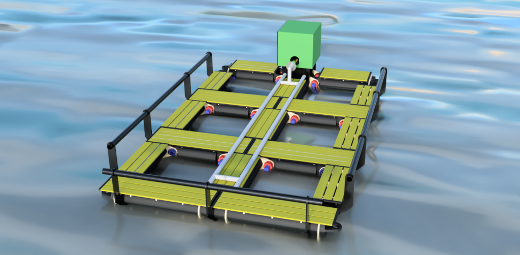 Diseño 3D de una plataforma flotante tipo FLUPSY para acuicultura